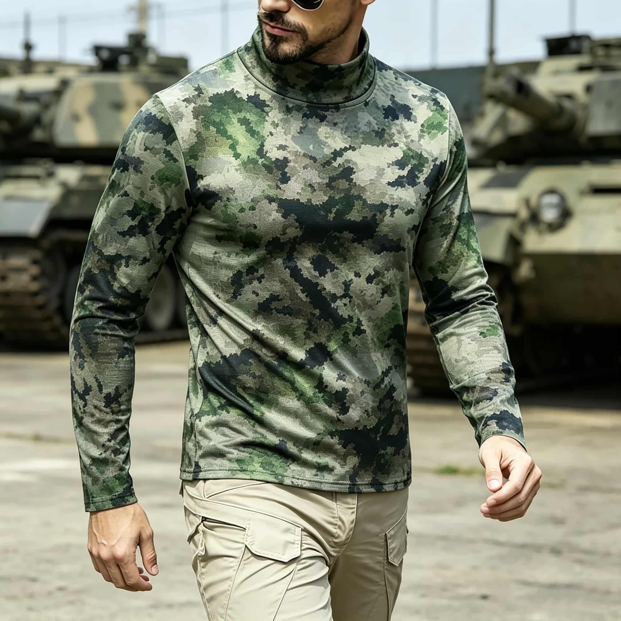Base Layer Top - Men Tactical Camouflage Print Mock Neck